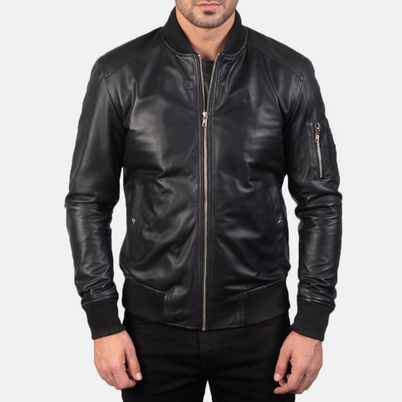 Men's Black Bomber Leather Jacket – Stylish, Slim Fit, Premium Quality Outerwear for Fall & Winter
