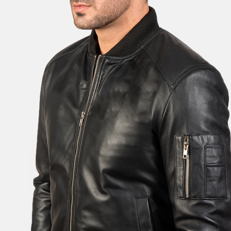 Men's Black Bomber Leather Jacket – Stylish, Slim Fit, Premium Quality Outerwear for Fall & Winter