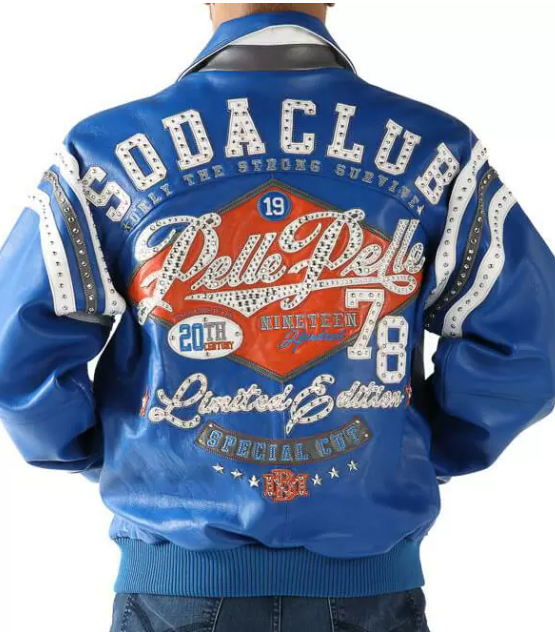 Pelle Pelle Soda Club Jacket – Blue Leather Edition with Studded Sleeve Stripes Special Cut
