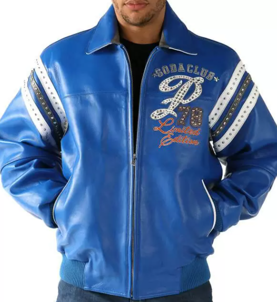 Pelle Pelle Soda Club Jacket – Blue Leather Edition with Studded Sleeve Stripes Special Cut