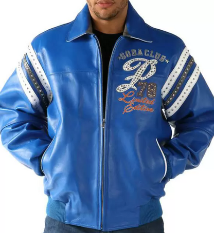 Pelle Pelle Soda Club Jacket – Blue Leather Edition with Studded Sleeve Stripes Special Cut