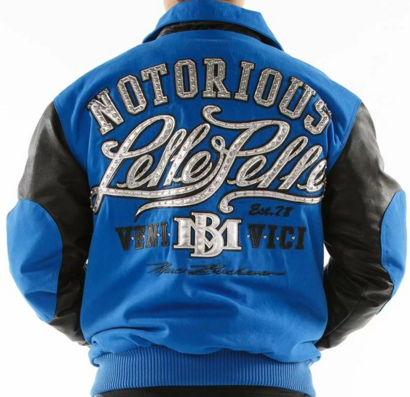 Pelle Pelle Blue & Black Varsity Jacket – Lucky Pie Est. 78 Leather Sleeve Bomber for Men