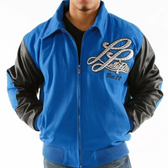 Pelle Pelle Blue & Black Varsity Jacket – Lucky Pie Est. 78 Leather Sleeve Bomber for Men