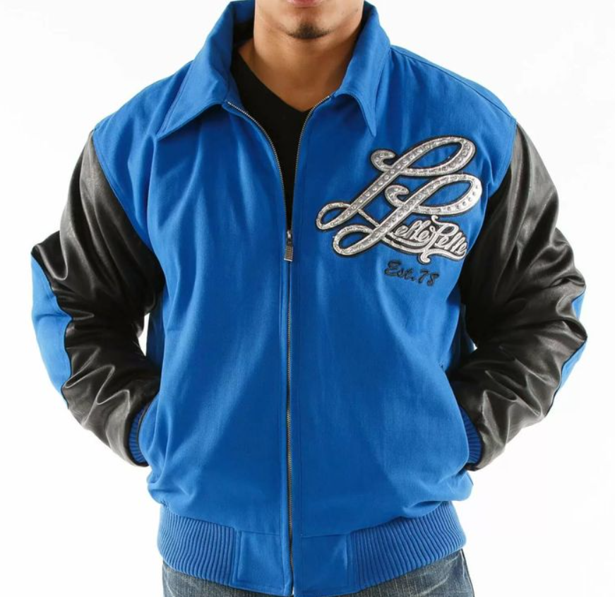 Pelle Pelle Blue & Black Varsity Jacket – Lucky Pie Est. 78 Leather Sleeve Bomber for Men