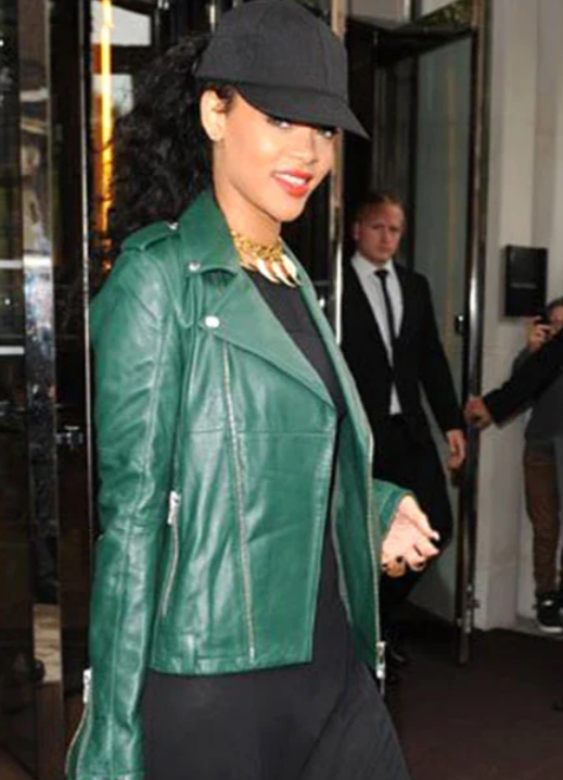 Rihanna-Inspired Women's Green Leather Jacket – 100% Real Leather, Celebrity Street Style, Custom Fit