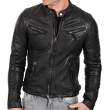 Vintage Quilted Black Leather Biker Jacket for Men – Slim Fit, 100% Real Leather, Snap-Tab Collar