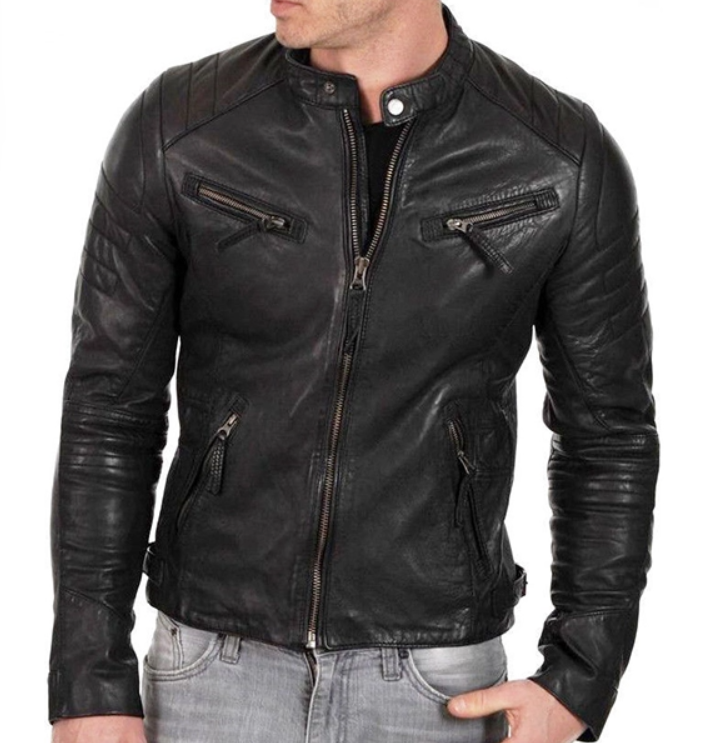 Vintage Quilted Black Leather Biker Jacket for Men – Slim Fit, 100% Real Leather, Snap-Tab Collar