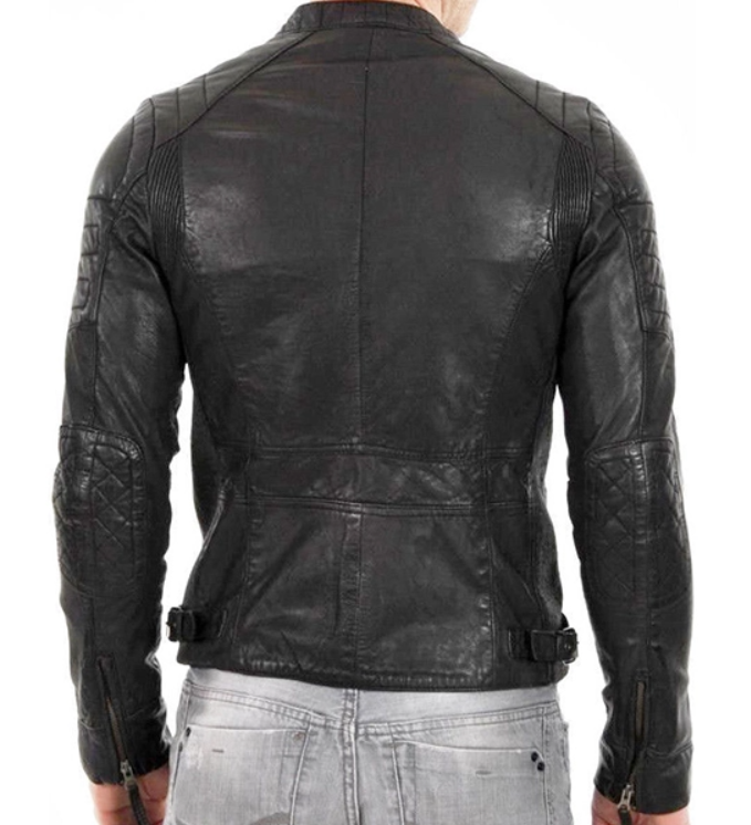 Vintage Quilted Black Leather Biker Jacket for Men – Slim Fit, 100% Real Leather, Snap-Tab Collar