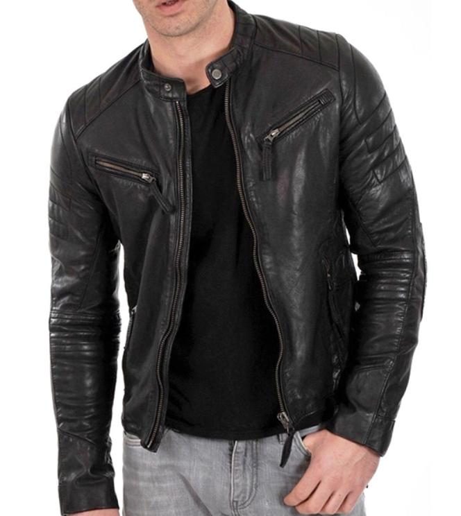 Vintage Quilted Black Leather Biker Jacket for Men – Slim Fit, 100% Real Leather, Snap-Tab Collar