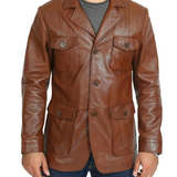 Men’s 4-Pocket Brown Leather Blazer – 100% Genuine Leather, Smart Casual Style, Button Closure
