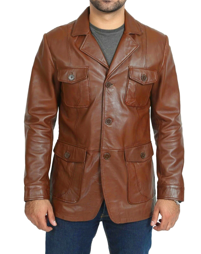 Men’s 4-Pocket Brown Leather Blazer – 100% Genuine Leather, Smart Casual Style, Button Closure