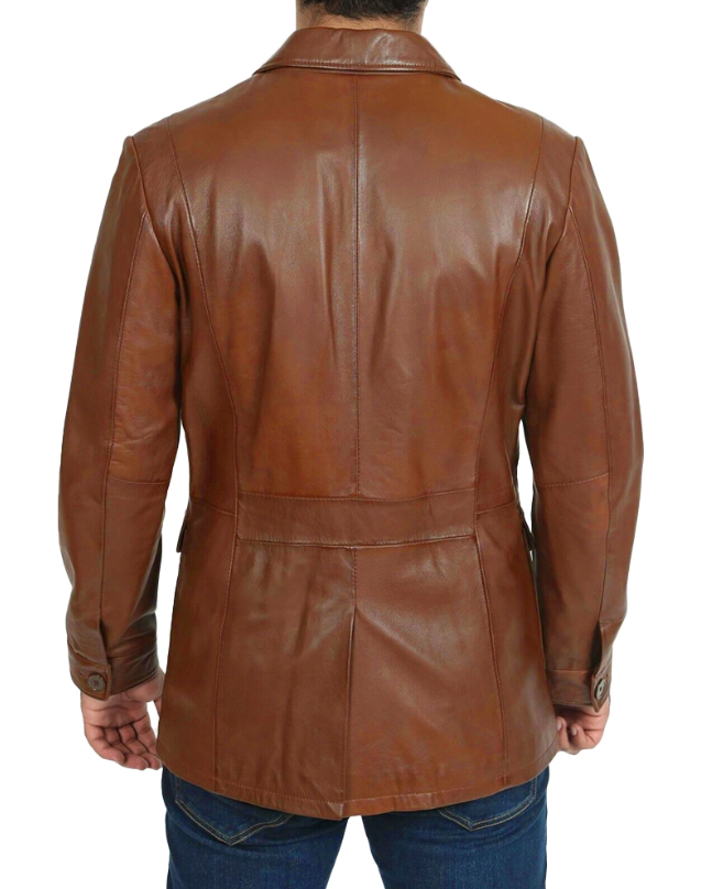 Men’s 4-Pocket Brown Leather Blazer – 100% Genuine Leather, Smart Casual Style, Button Closure