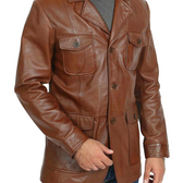 Men’s 4-Pocket Brown Leather Blazer – 100% Genuine Leather, Smart Casual Style, Button Closure