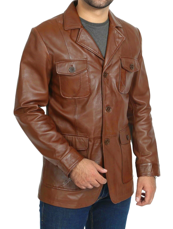 Men’s 4-Pocket Brown Leather Blazer – 100% Genuine Leather, Smart Casual Style, Button Closure