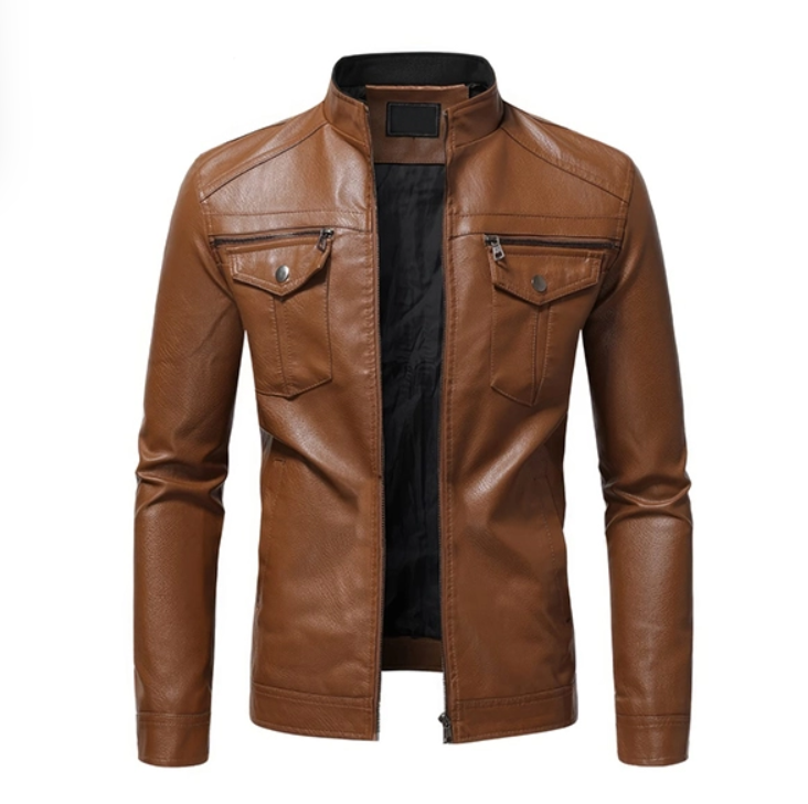 Men’s Slim Fit Brown Leather Jacket – Button Pockets, Zipper Cuffs, 100% Real Leather