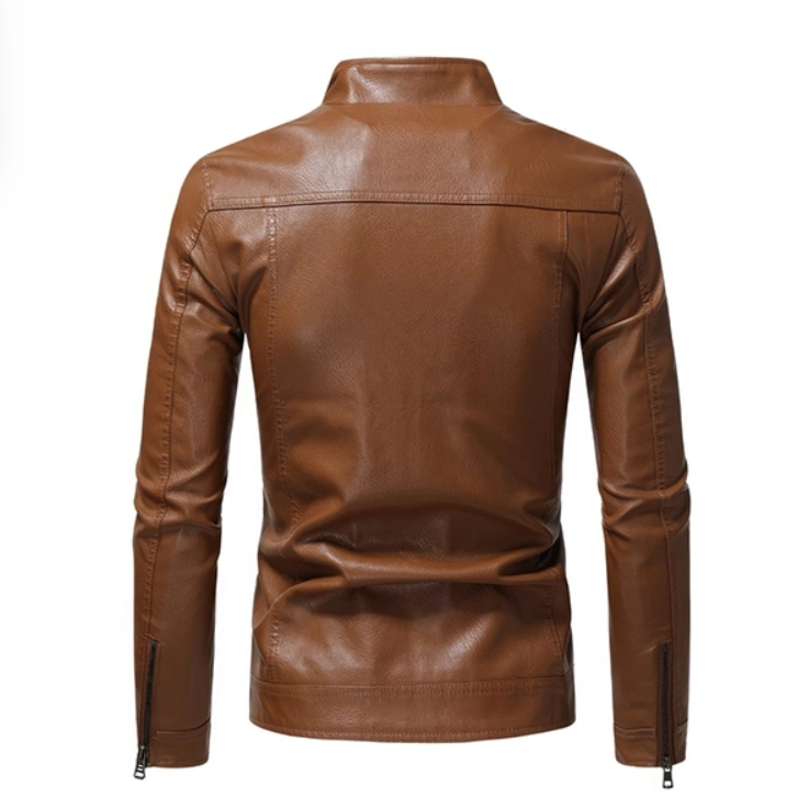 Men’s Slim Fit Brown Leather Jacket – Button Pockets, Zipper Cuffs, 100% Real Leather
