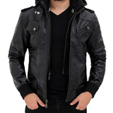Men’s Black Leather Jacket with Removable Hood – Stylish Slim Fit Biker Motorcycle Coat