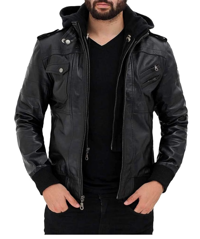 Men’s Black Leather Jacket with Removable Hood – Stylish Slim Fit Biker Motorcycle Coat