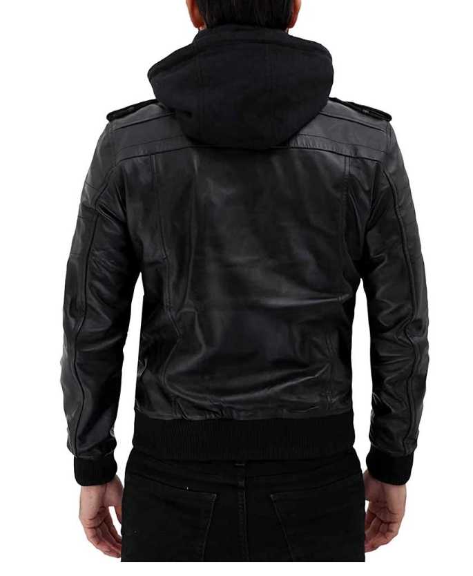 Men’s Black Leather Jacket with Removable Hood – Stylish Slim Fit Biker Motorcycle Coat