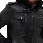 Men’s Black Leather Jacket with Removable Hood – Stylish Slim Fit Biker Motorcycle Coat