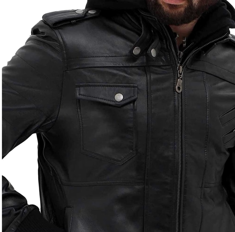 Men’s Black Leather Jacket with Removable Hood – Stylish Slim Fit Biker Motorcycle Coat