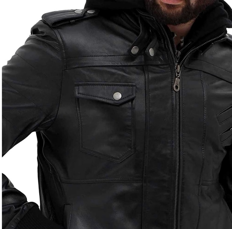 Men’s Black Leather Jacket with Removable Hood – Stylish Slim Fit Biker Motorcycle Coat