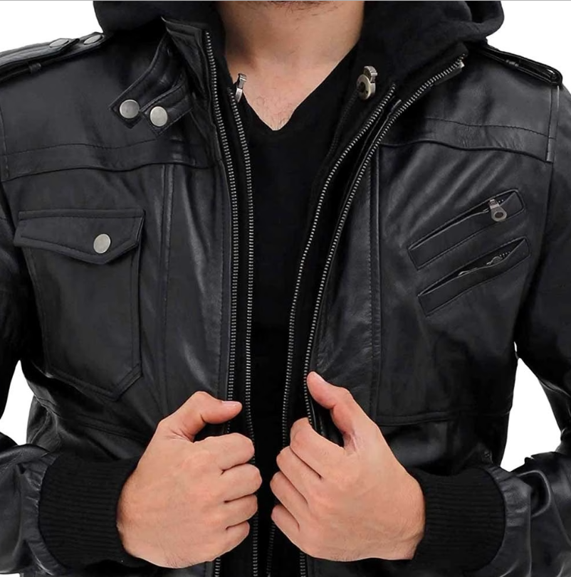 Men’s Black Leather Jacket with Removable Hood – Stylish Slim Fit Biker Motorcycle Coat