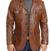 Men’s 4-Pocket Brown Leather Blazer – 100% Genuine Leather, Smart Casual Style, Button Closure