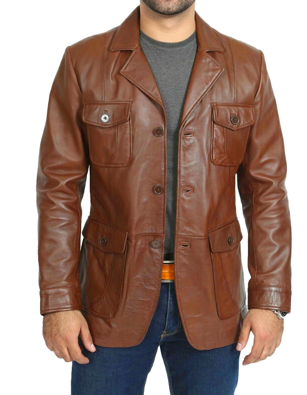 Men’s 4-Pocket Brown Leather Blazer – 100% Genuine Leather, Smart Casual Style, Button Closure