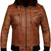 Men’s Black Leather Jacket with Removable Hood – Stylish Slim Fit Biker Motorcycle Coat
