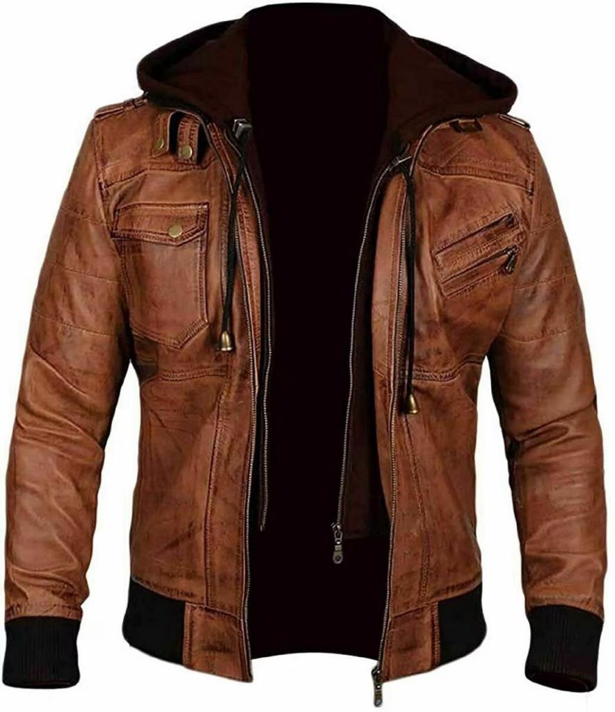Men’s Black Leather Jacket with Removable Hood – Stylish Slim Fit Biker Motorcycle Coat