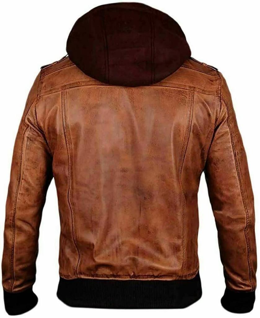 Men’s Black Leather Jacket with Removable Hood – Stylish Slim Fit Biker Motorcycle Coat